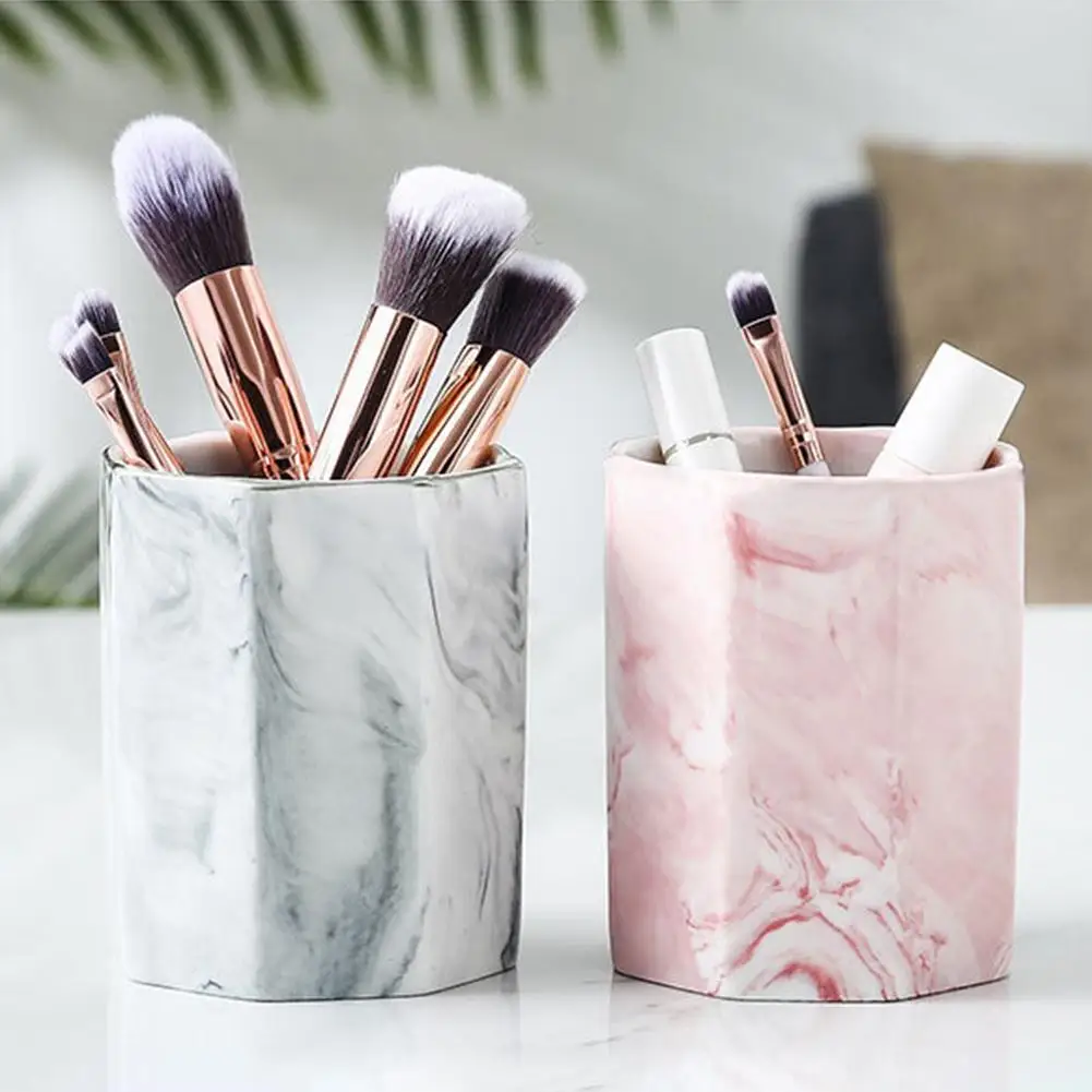 Nordic Marble Pattern Pen Holder Cosmetic Brush Storage Box Makeup Brush Holder Ceramic Jar Home Table Decoration Container