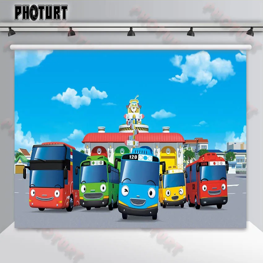 

PHOTURT Little Bus Tayo Photography Backdrop Kid Birthday Party Background Colorful Toy Station Vinyl Photo Studio Props