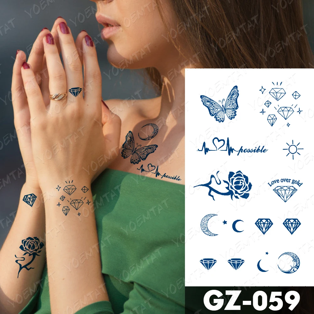 Juice Lasting Waterproof Temporary Tattoo Sticker Rose Butterfly Moon Sun Diamond Heartbeat Wave Flash Fake Tattoos Ink Body Art