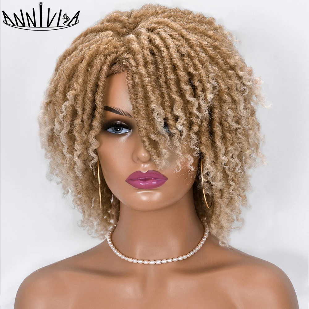 Ngắn Dreadlock Tóc Tóc Giả Da Tổng Hợp Mềm Mại Giả Locs Tóc Giả Với Bangs Cho Nữ Màu Đen Ombre Móc Xoắn Tóc Giả annivia