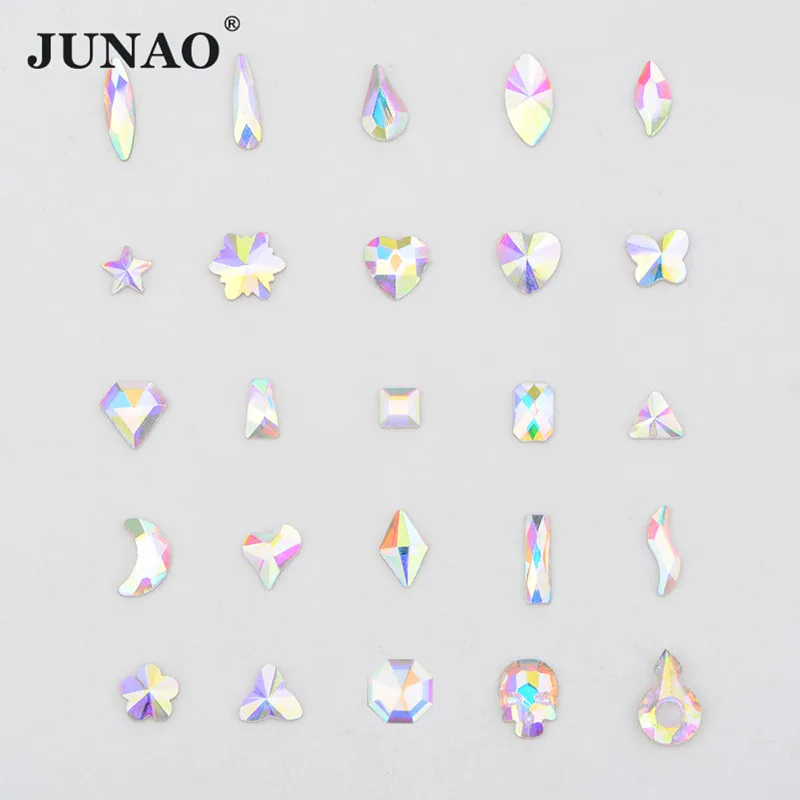 Junao 50 Stuks Mix Ab Kleur Nail Steentjes Platte Achterkant Glas Kristal Diamant Niet Hotfix Strass Gems Fancy Stenen Voor nagels Bruiloft