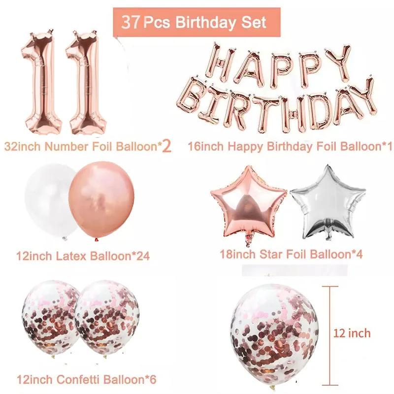 Rose Gold 11 Birthday Balloons Number Foil Confetti Helium Globos Boy Girl Party Decorations 11th Years Old Anniversary Supplies