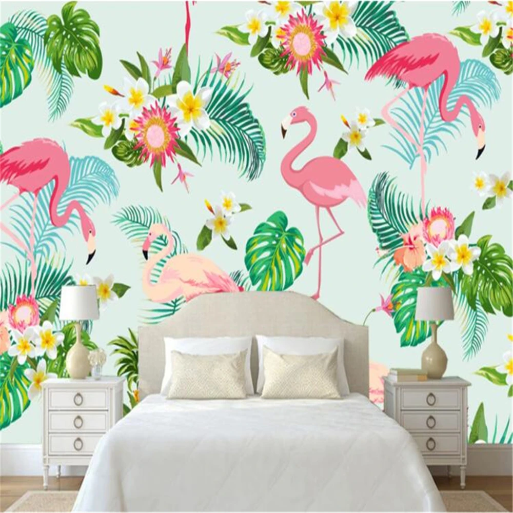 Custom Mural Wallpaper Hand Painted Flowers Pink Flamingo Background Wall Painting