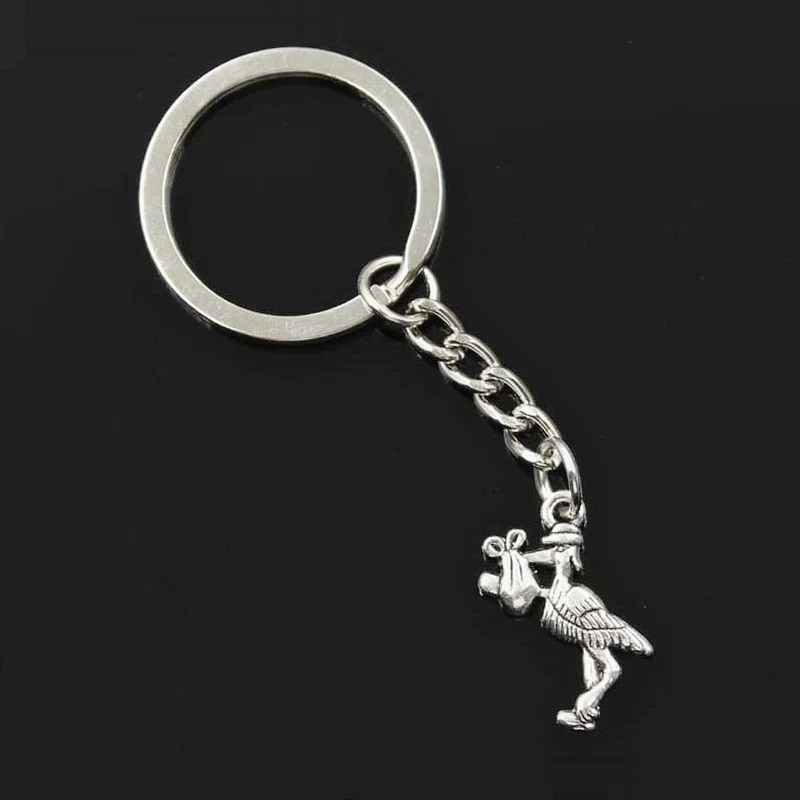 New Fashion Men 30mm Keychain DIY Metal Holder Chain Vintage Stork Baby Bird 23x18mm Silver Color Pendant Gift