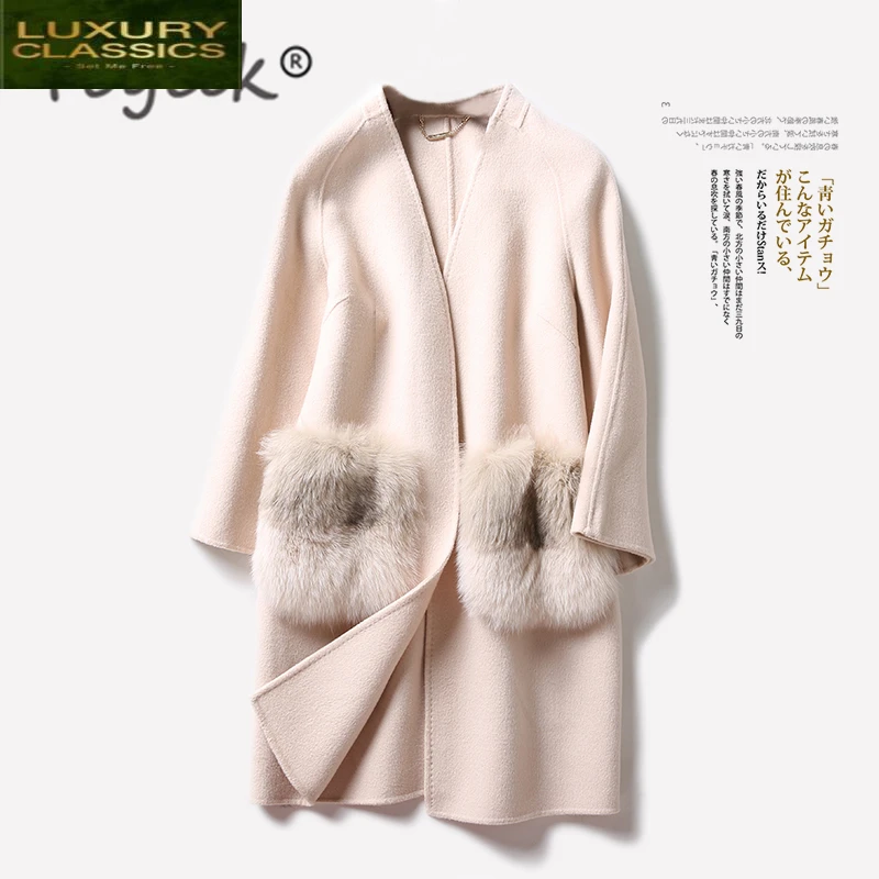 Coat Elegant 100% Wool Female Autumn Abrigos Mujer Invierno 2021 Vintage Real Fox Fur Blend Woolen Women's Jacket BG6160