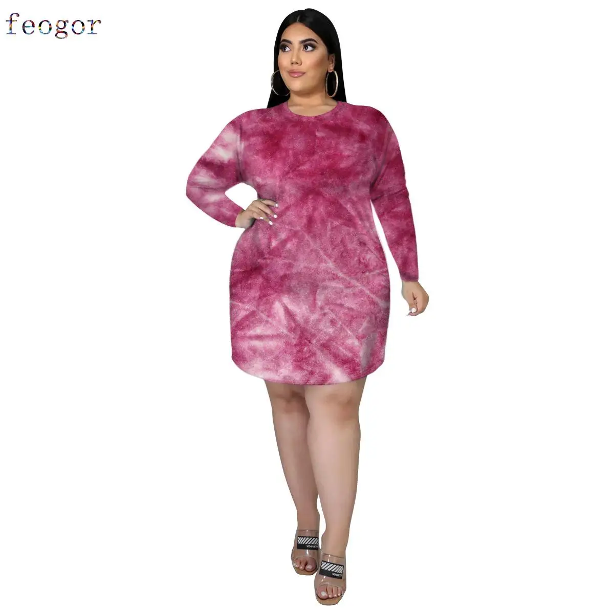 Women\'s Clothing Plus Size 2021 O-Neck Long Sleeve Comfortable Home Wear Dresses Casual Tie-dye Printing Straight Dress Autumn