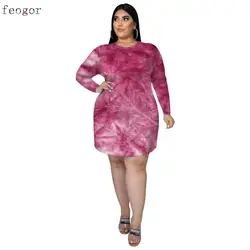 Roupa feminina plus size 2021 o-neck manga comprida confortável vestidos de uso doméstico casual tie-dye impressão vestido reto outono