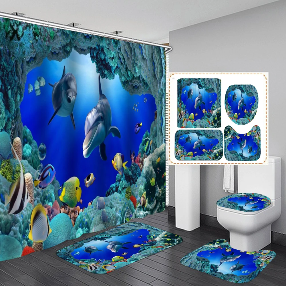 3D Ocean Design Dolphin Waterproof Fabric Bathroom Curtain Blue Shower Curtains Set Anti-skid Rugs Toilet Lid Cover Bath Mat