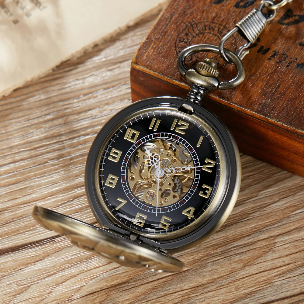 Reloj de bolsillo con diseño de lobo doble antiguo para hombre y mujer, cronógrafo mecánico Vintage con esqueleto hueco, colgante, regalos Retro