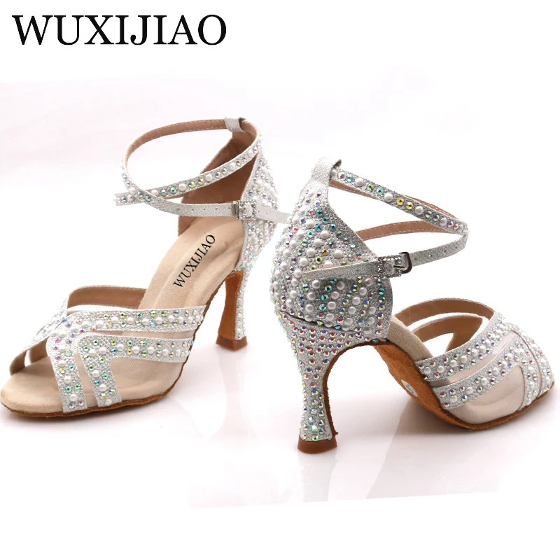 WUXIJIAO Brand Latin dance pearl decoration shoes soft bottom shoes salsa ballroom women lace high heel dance shoes Cuban heels