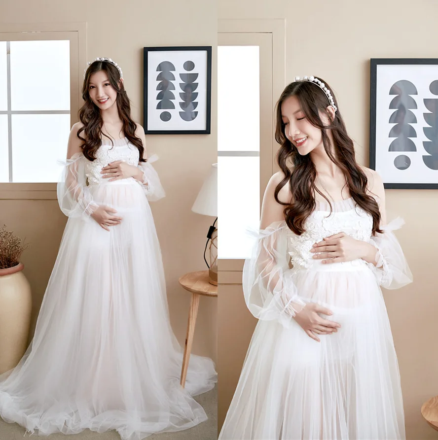 New Sweet Maternity Photography Dresses Tulle Perspective Pregnancy Maxi Gown For Baby Shower Pregnant Women Photoshoot Prop