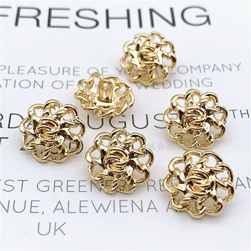 Hollow Metal Flower Buttons for Shirt, Fashionable Sewing Buttons for Clothing, Golden Snap Buttons, DIY, Popular, 20mm, 10Pcs