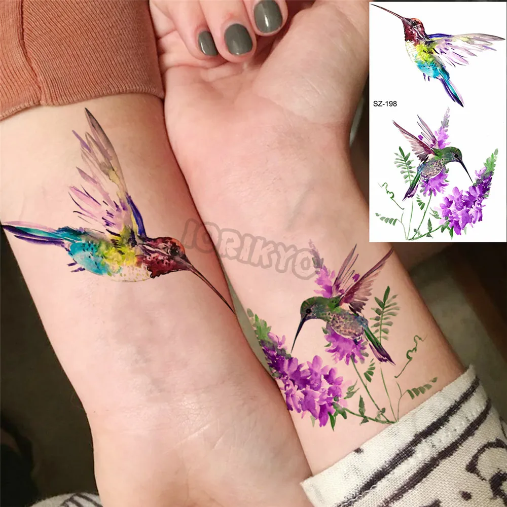 Vibrant Color Hummingbird Temporary Tattoos For Women Men Realistic Unicorn Spartan Sword Fake Tattoo Sticker Neck Body Tatoos