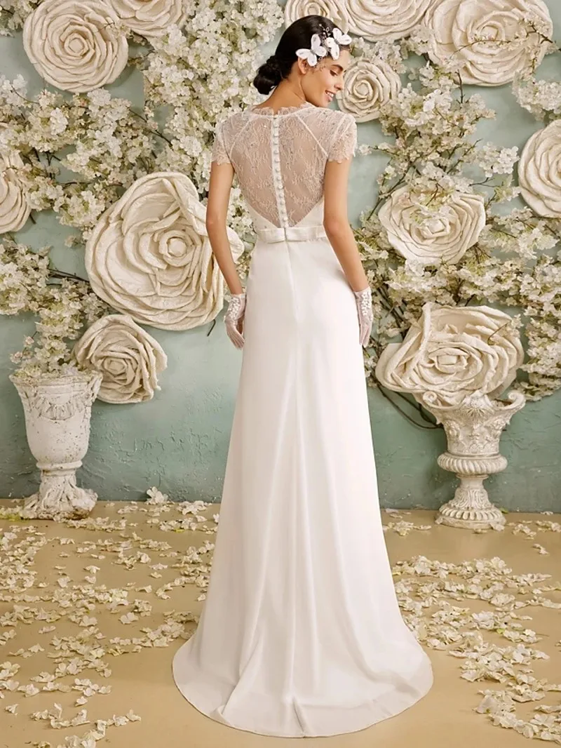 Maßgeschneidertes durchsichtiges Vintage-Hochzeitskleid mit V-Ausschnitt, Chiffon, transparente Spitze, kurze Ärmel, Brautkleider, Vestiods Noiva Robe De Mairee