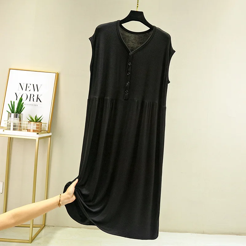 Buttons Large Size Loose Nightgowns For Women Sexy V Neck Sleeveless Long Dress Summer Nightdress Female Lounge Night Shirt