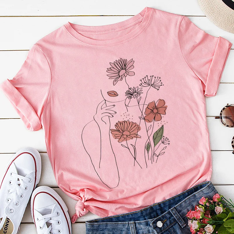 الزهور الوجه مجردة بسيطة المرأة تي شيرت مرونة عالية عادية مضحك تي شيرت هدية لسيدة يونغ فتاة تي شيرت علوي هبوط السفينة التي شيرت