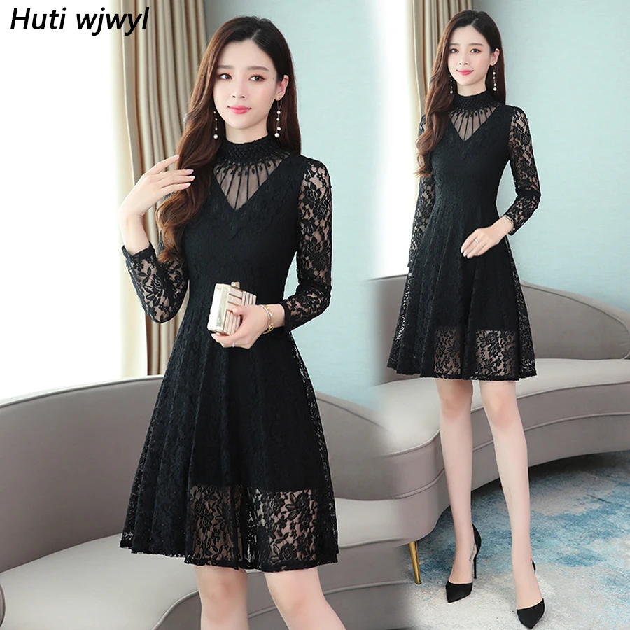 2024 Vintage Black Lace Sexy Mini Dress primavera autunno Solid Casual manica lunga abiti da sera donna Bodycon Party Prom Vestidos