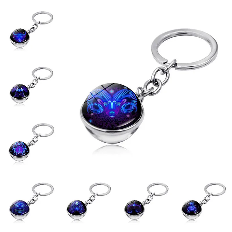 Zodiac Sign Keychain 12 Constellation Leo Virgo Libra Scorpio Sagittarius Keychain Double Side Glass Ball KeyRing Birthday K2419