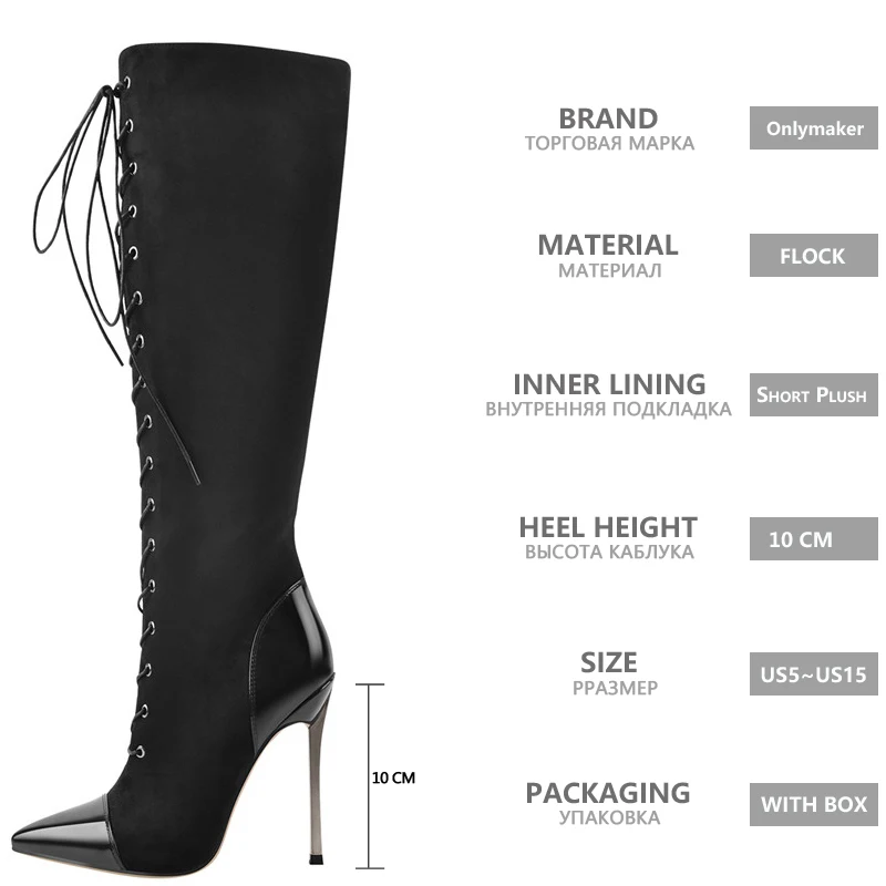 Onlymaker Women Pointed Toe  Metal Heel Sexy Black Over The Knee Lace-Up Flock Stiletto High Side Zipper  Winter Boots