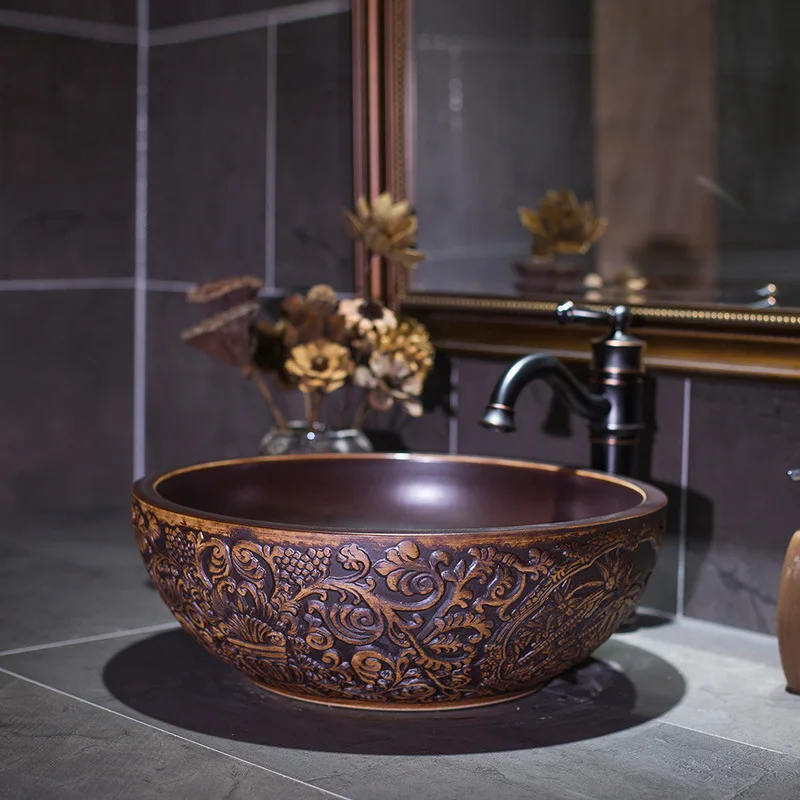 

Art washbasin bowl Luxurious Embossed brown Artistic Bathroom Sink porcelain ceramic wash basin