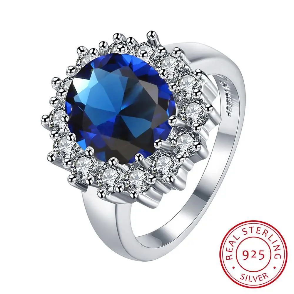 Princess Diana William Kate Gemstone Rings Sapphire Blue Wedding Engagement 925 Sterling Silver Finger Ring for Women