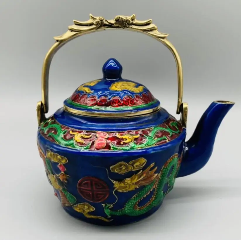 

Archaize brass cloisonne dragon phoenix teapot crafts statue