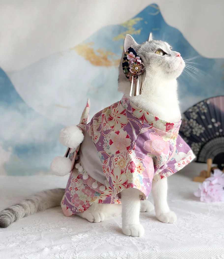 Japanese Style Thin Cat Dog Coat Kimono Summer Pet Clothes for Cats Dogs Cute Print with Bow-knot Kitten Sphynx Clothing Outfit