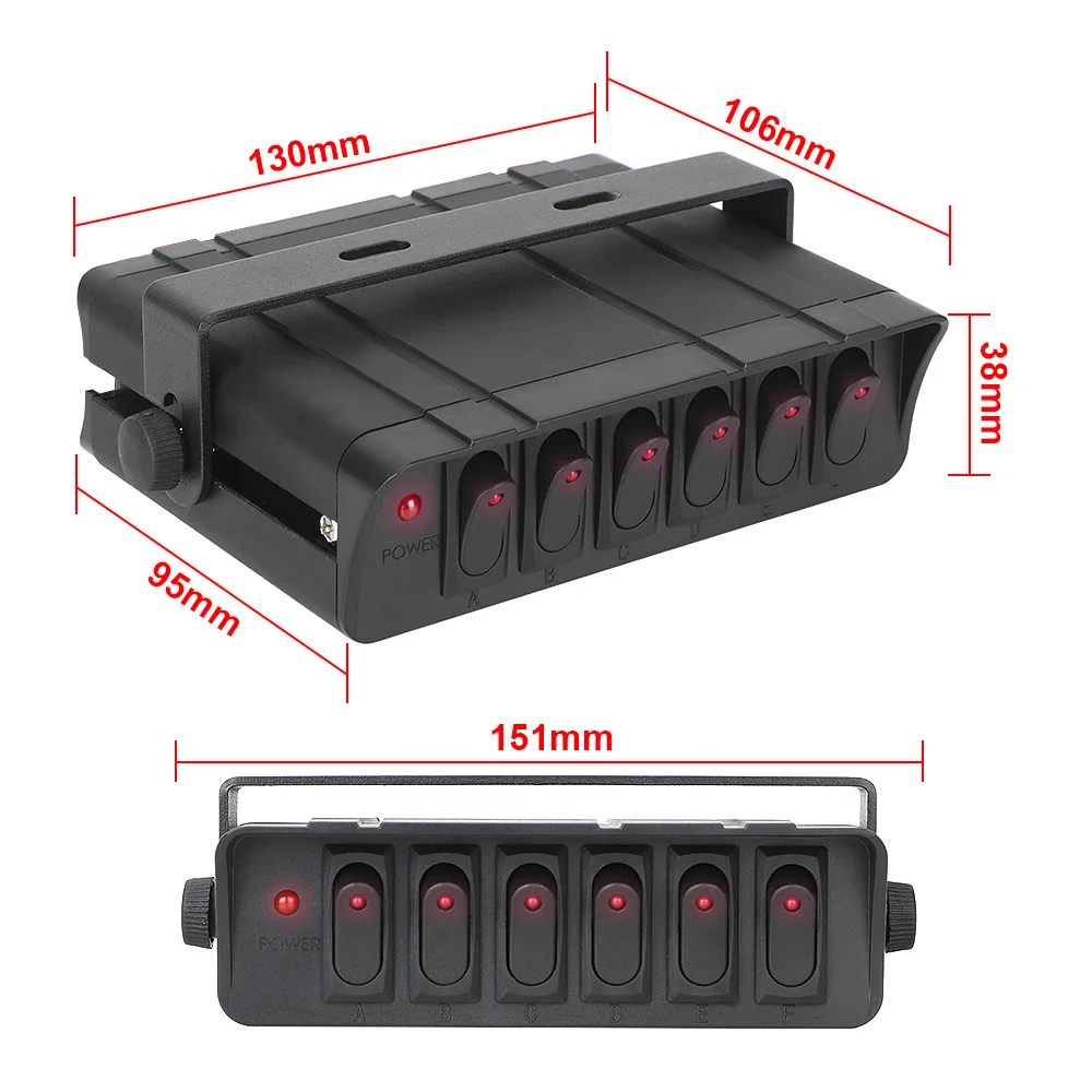 6 Gang Rocker Switch Box for Cars Vehicles Caravan with LED Light Indicator Switch Panel 12-24V 20A