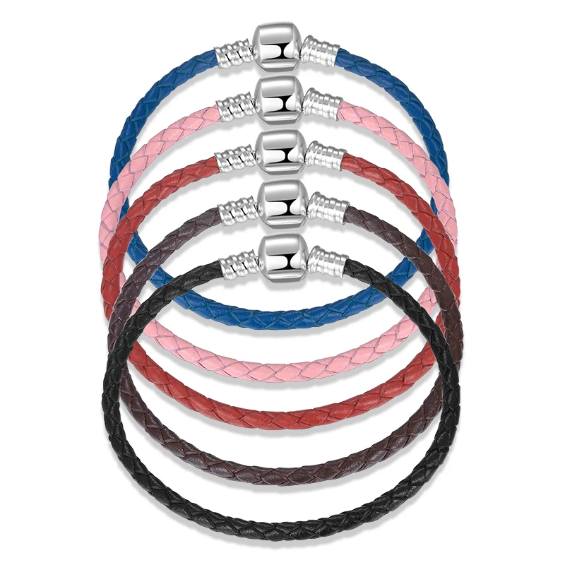 100% Genuine 925 Sterling Silver Round Leather Cord Braided Bracelet Women Chain Jewelry Rope Bracelets Accessories 2021