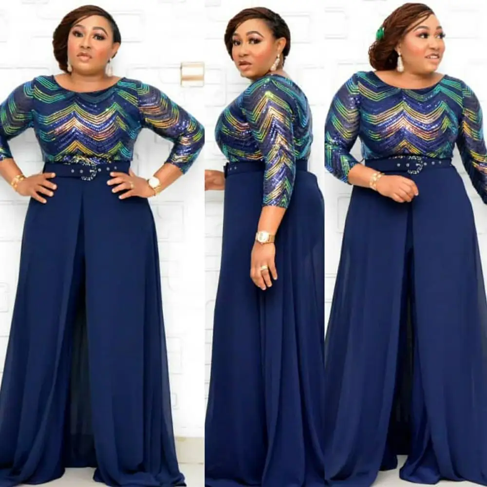 African Women's Customized Color Beads Chiffon Elegant Fashion Jumpsuit + Belt