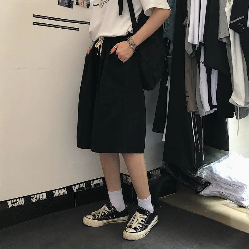 High Street Knee Length Shorts Women Harajuku Couples Retro Drawstring Wide Leg Workout Short Trousers Loose BF Cargo Streetwear