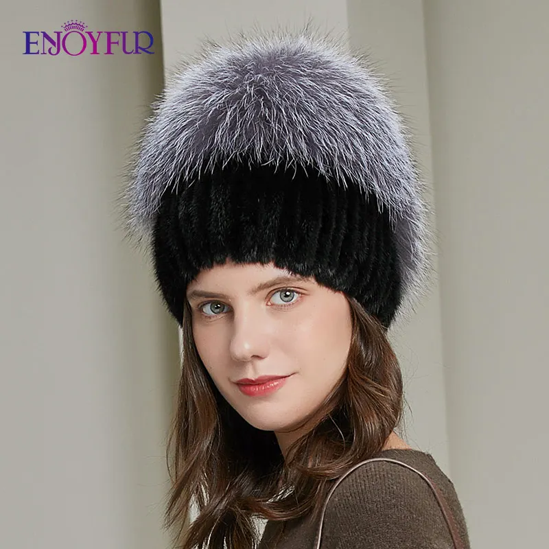 Женская шапка бини ENJOYFUR, теплая вязаная шапка из натурального меха норки и лисы, в форме сердца, на зиму, шапочки горро