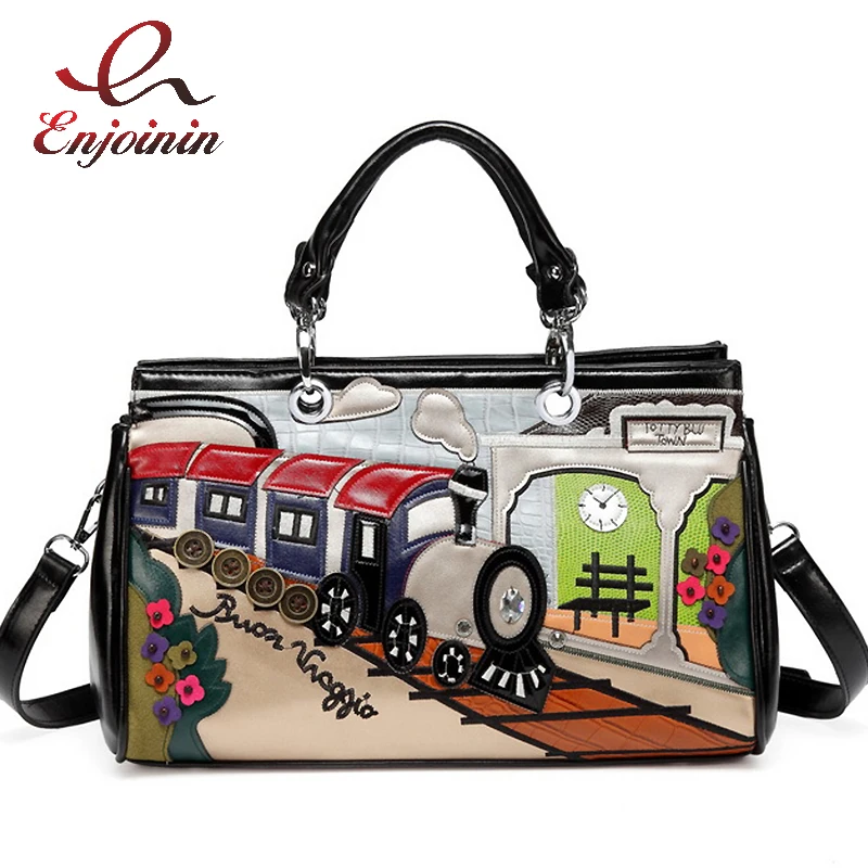 Printing Cartoon Women Shoulder Bag Fashion Purses and Handbags Train Pattern Designer Bag Casual Totes Messenger Bag Pu Leather