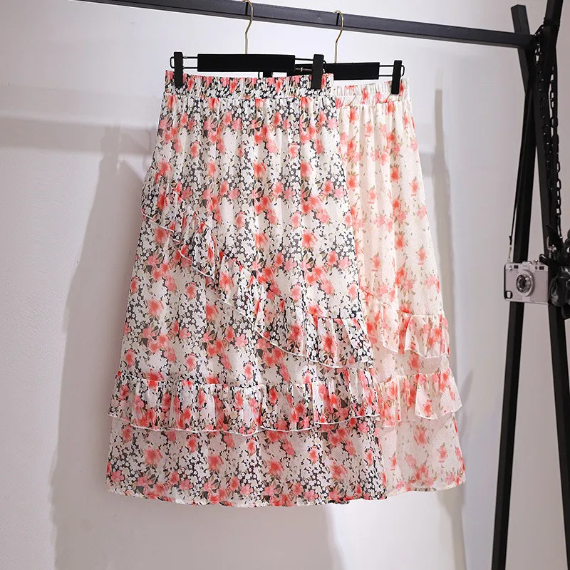 

2022 Fashion New Women's Printed Skirt Spring Summer High Quality Casual Elastic Slim Waist Ruffle Chiffon A-Line Skirts KW1903