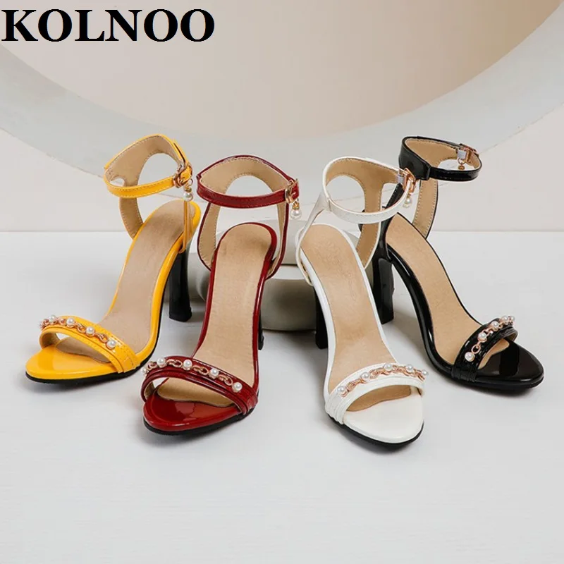 

KOLNOO New 2022 Ladies Handmade High Heeled Sandals Chains&Pearls Open-Toe Sexy Summer Evening Party Prom Fashion Daily Shoes