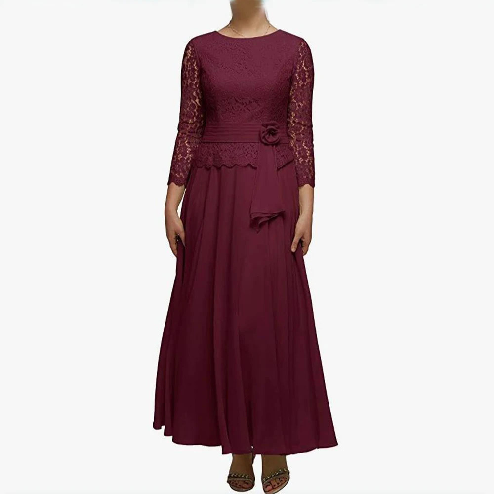 

Elegant Burgundy LaceTop Mother of Bride Dresses 3/4 Sleeves O Neckline Tulle Evening Prom Gowns Ankle Length robes de soirée