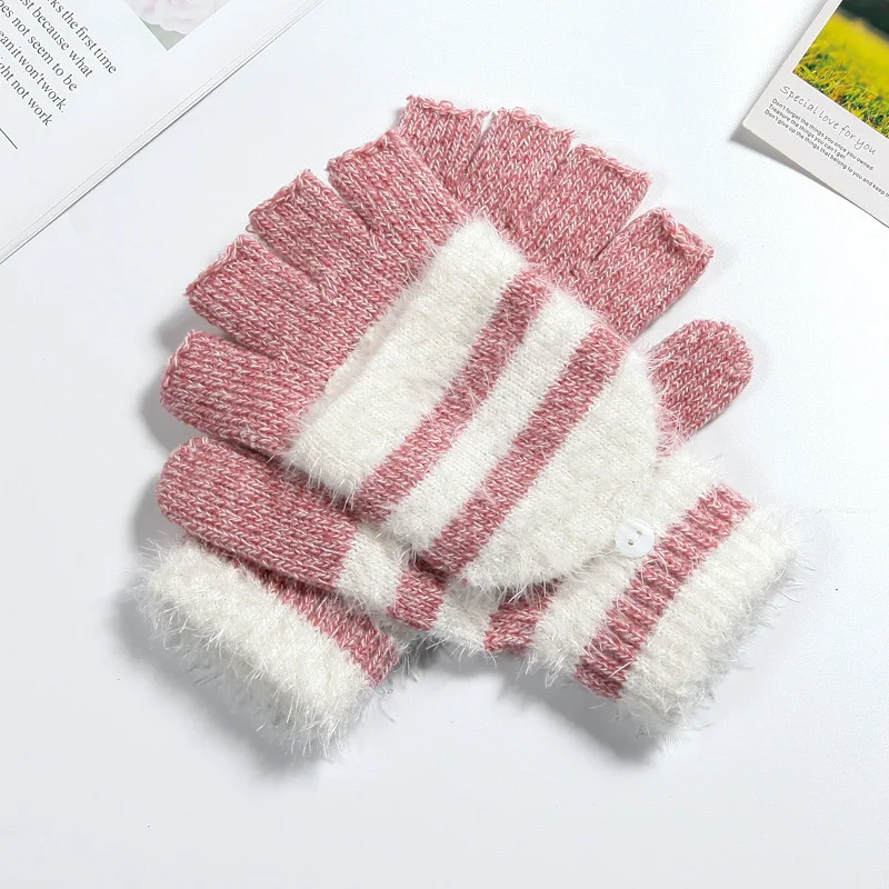 COKK Women Fingerless Gloves Cute Faux Rabbit Fur Stripe Knitted Gloves Female Winter Knitting Warmer Wrist Hand Gloves Mitten