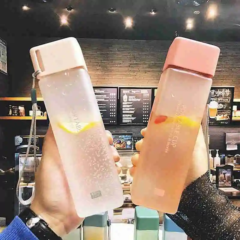 F5 500ml Transparent Square Plastic Water Cup Outdoor Cold Juice Water Sports Cup with Portable Milk Rope Water Cup Xmas Gifts