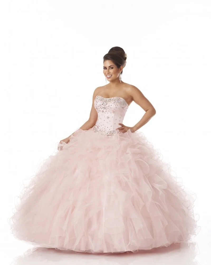 

free shipping Hot Sale Sweetheart Beads Top Ruffled Ball Gown Light Pink Sweet 16 Vestidos De Quinceaneras 2019 bridesmaid dress