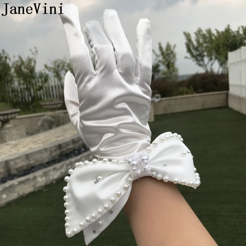 JaneVini New White Cheap Gloves Bridal Wrist Length Bow Pearls Ladies Pageant Dress Satin Full Finger Gloves Wedding Accessories