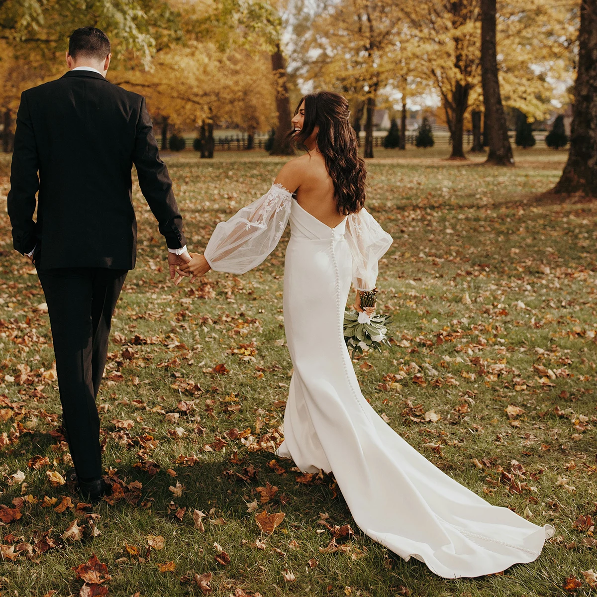 Robe de mariée de Luxe en Satin, manches bouffantes en Tulle, Tube sirène, application sur mesure, bouton froncé, rustique Simple