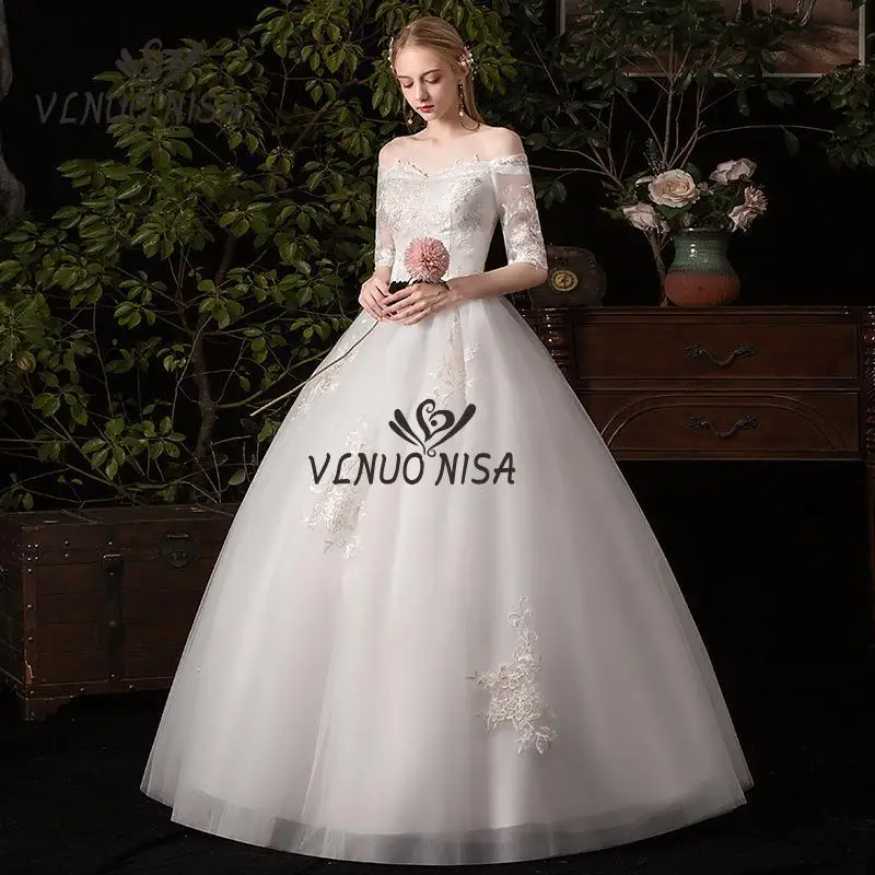 Vestido Retro de novia francesa, vestido de boda de Vlnuo Nisa de talla grande, con bordado de encaje de media manga, nuevo estilo, 2020