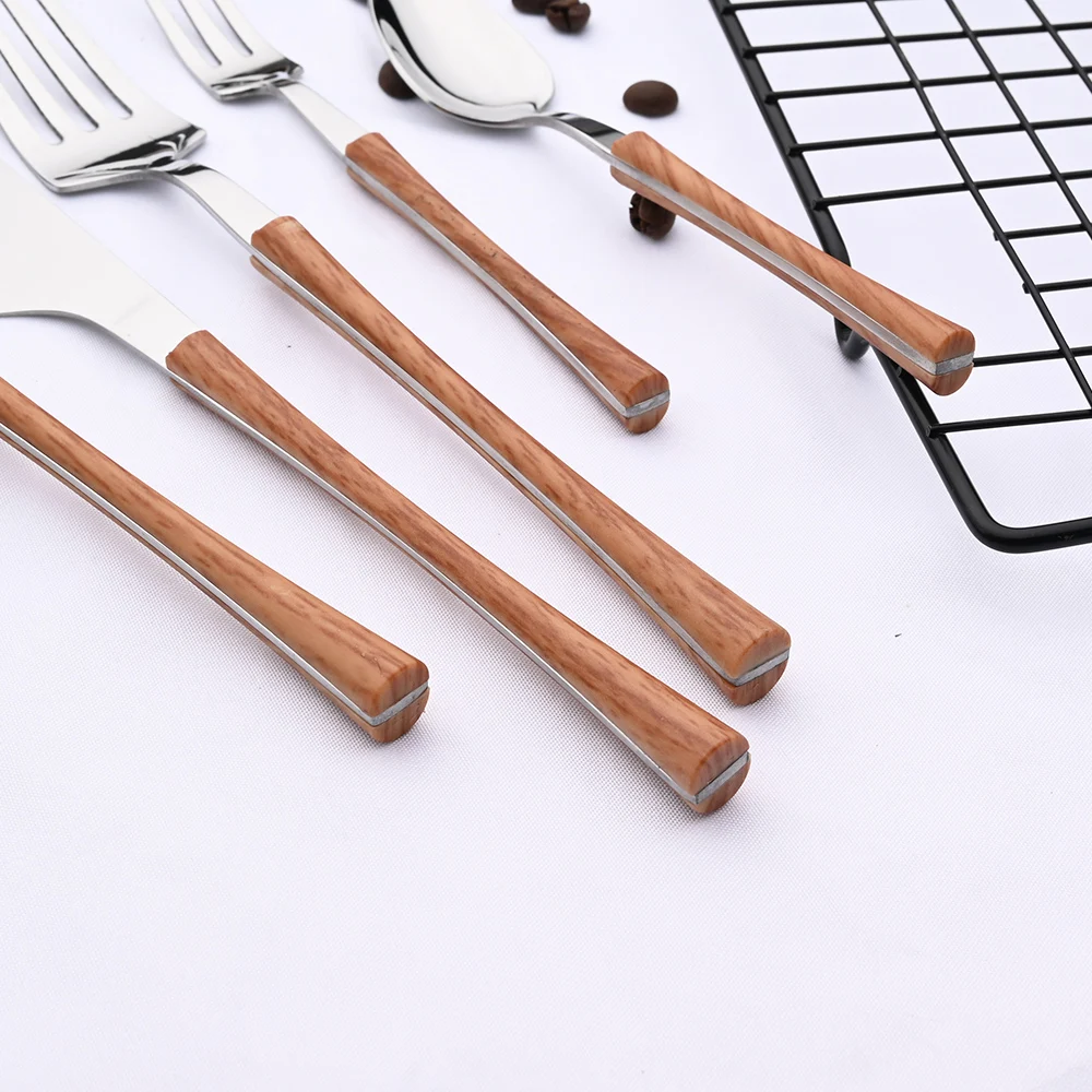 Dinner Silver Stainless Steel Imitation Wooden Handle Dinnerware Knife Coffee Spoon Tea Fork Cutlery Set Tableware Flatware