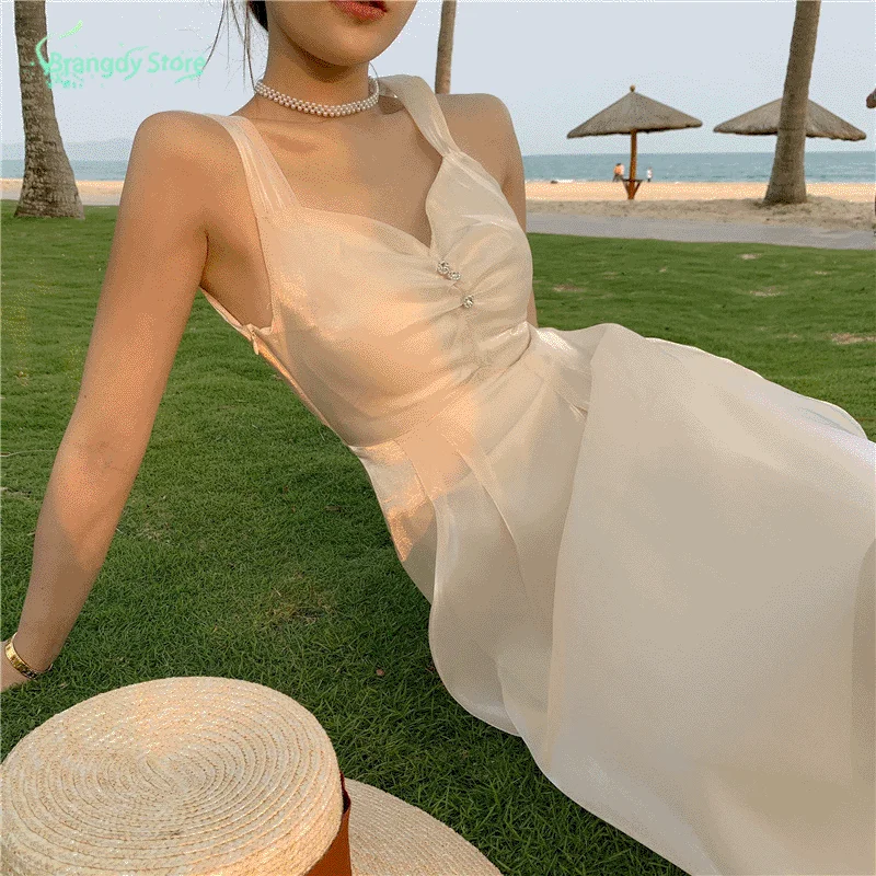 

2021 Fashion Women Vestidos Elegantes Korean Fashion Cottagecore Sexy Satin Dress Light SummerFairy dresses dropshipping