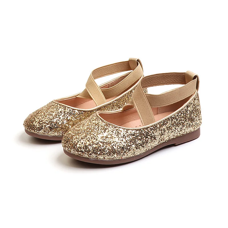 JGSHOWKITO 2023 Autumn New Fashion Girls Shoes Shiny Glitter Leather Flats For Big Kids Princess Sweet Wedding Shoes Sequins