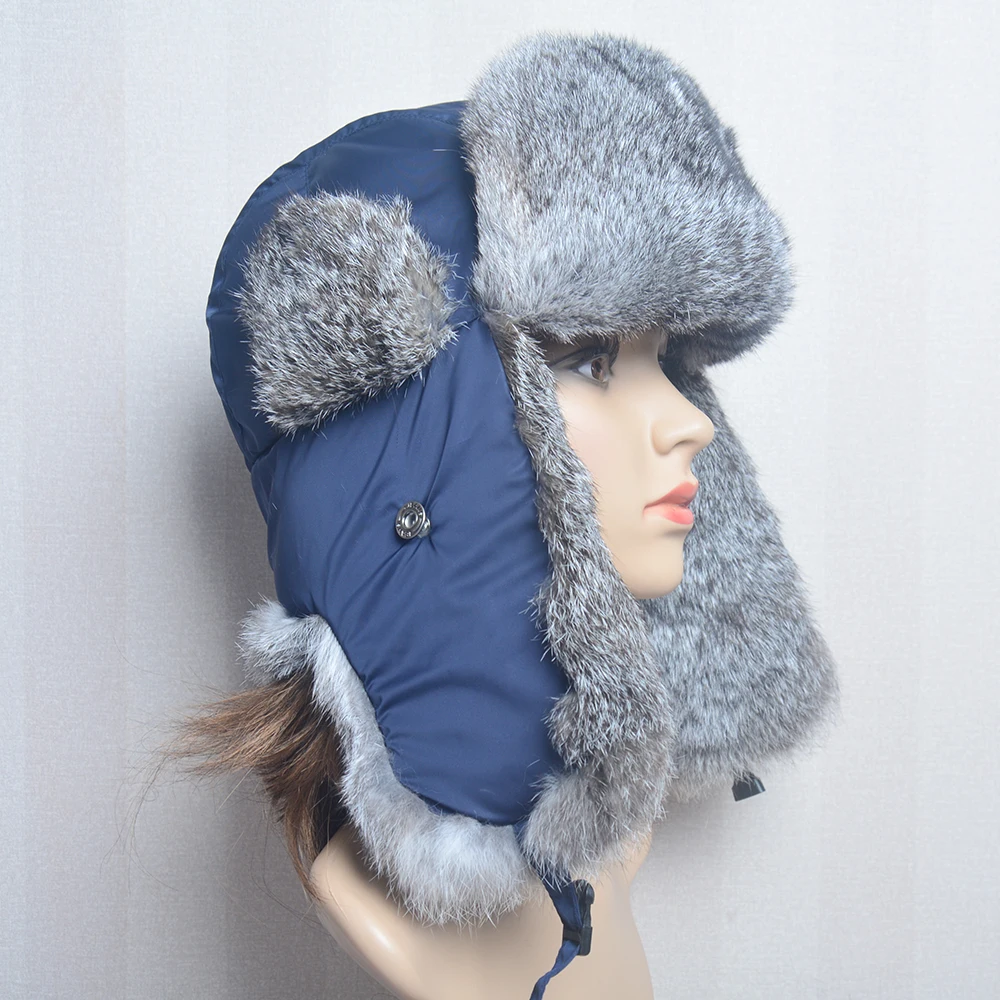 Outdoor Winter Warm Women Russian Ushanka Hat With Ear Flap Rabbit Fur Cap New Real Rabbit Fur Bomber Hats Hunter Hat Ski Hat