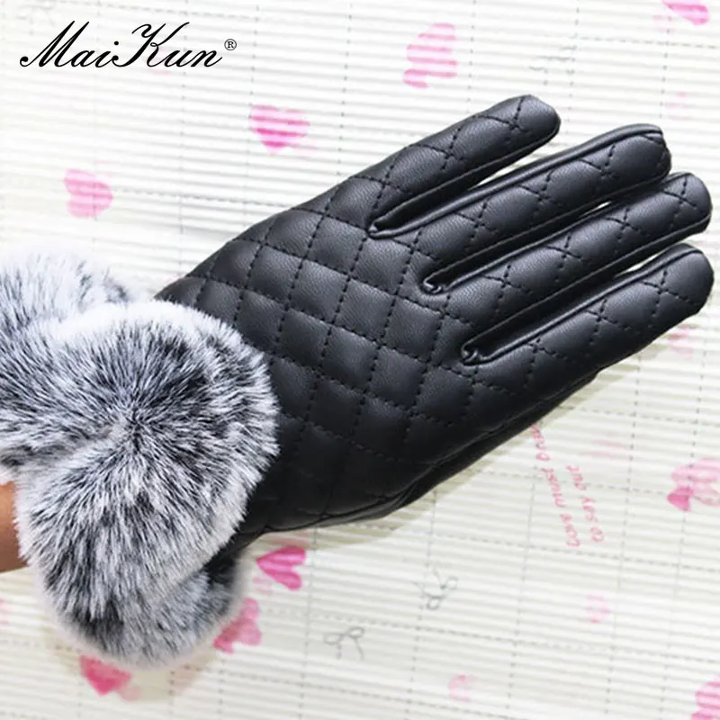 Maikun-guantes de cuero PU de gran tamaño para mujer, guantes de cuero sintético, de color Rex, enrejado de diamante británico, engrosamiento,