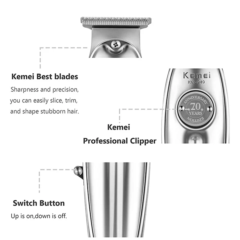 Kemei 1949 Professional Hair Clipper All Metal Men Electric Cordless Hair Trimmer 0mm Baldheaded T Blade Finish Haircut Machine