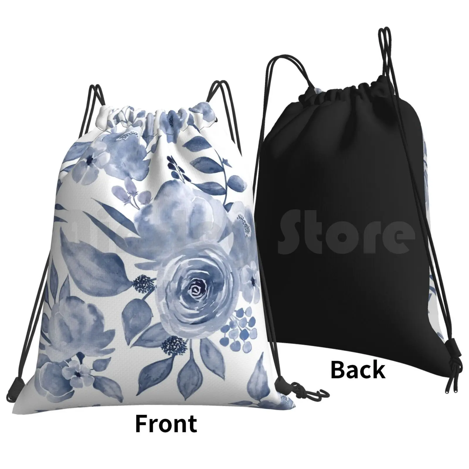 Hamptons Style Floral Design Backpack Drawstring Bags Gym Bag Waterproof Hamptons Style Hamptons Blue Floral Pattern Navy