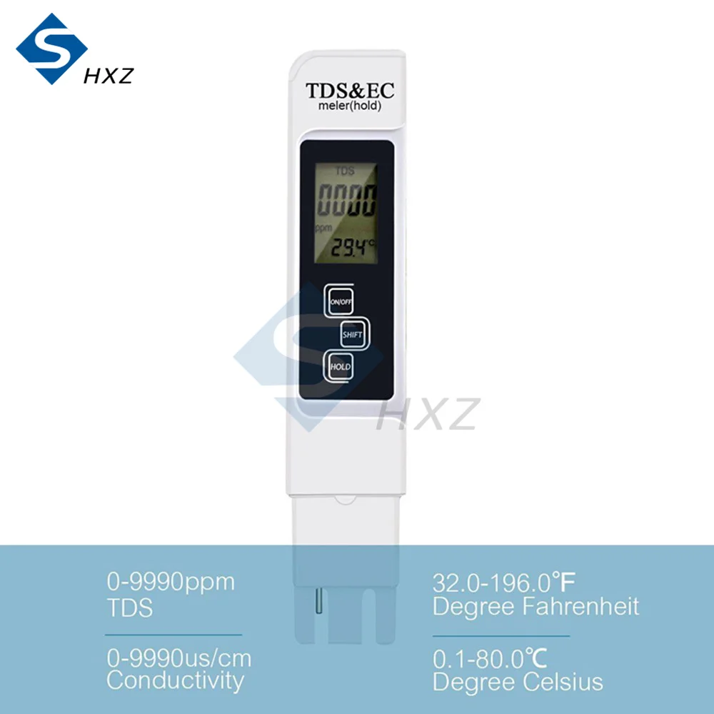 수질 시험기 디지털 도구 TDS 및 EC 온도 0-9990 ppm 수족관 풀 시험기 경도 계량기 TDS/EC 시험 도구, 화이트 블루